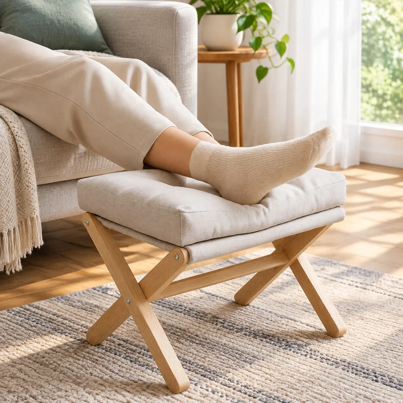 Compact Wooden Footrest Stool with Plush Cotton Padding for Living Area and Hallway Use