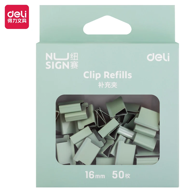Deli Nusign NS085 papierclipsdispenser met 8 stuks 16 mm clips, arbeidsbesparend, capaciteit voor 40 vellen, NS086 navulsets, 50 stuks, kantoorartikelen.