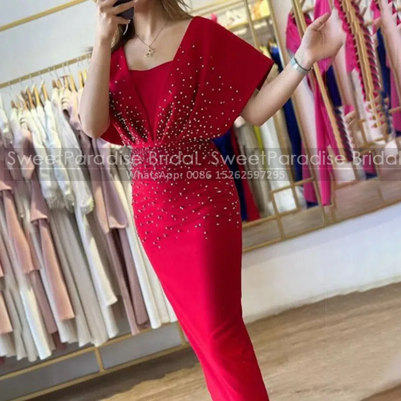 Heavily Beaded Sheath Mother of the Bride Dresses Customized Short Sleeves Square Neck Red Tea Length Evening Dress Party