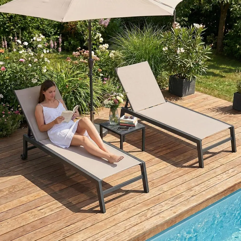 

Extra Wide Reclining Chaise Lounge with Wheels, Heavy Duty Textilene for Outdoor Use, Beige