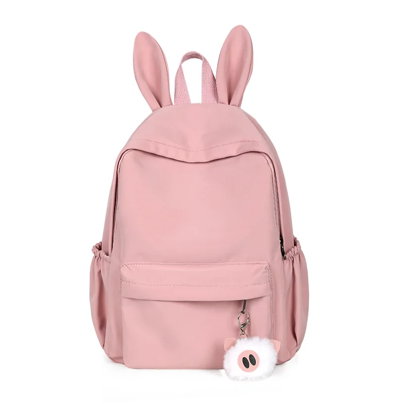 Women Bookbags Middle Student Schoolbag Large Black Cute Rabbit Ears Nylon Bagpack Pink Color Teen School Bag for Girls Backpack