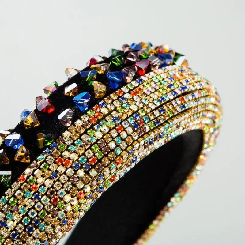 C1FE Baroque Wedding Prom Headband Glitter for Rhinestone Patchwork Hair Hoop Luxury Colorful Crystal Sponge Padded Women Ban