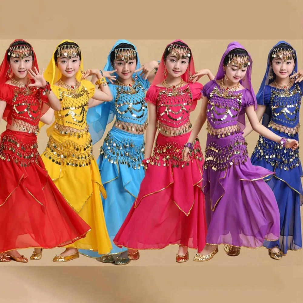 

Cute Headdress Dance Costumes Set Colorful Dazzling Belly Dance Costumes Sparkling Princess Dress India Girls' Clothing Gifts