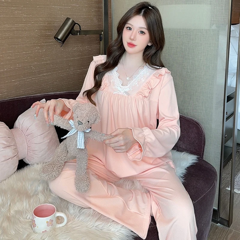 2024 Autumn Long Sleeve Sexy Lace V-neck Mousse Velvet Pajama Sets for Women Korean Sleepwear Homewear Pijama Mujer Home Clothes