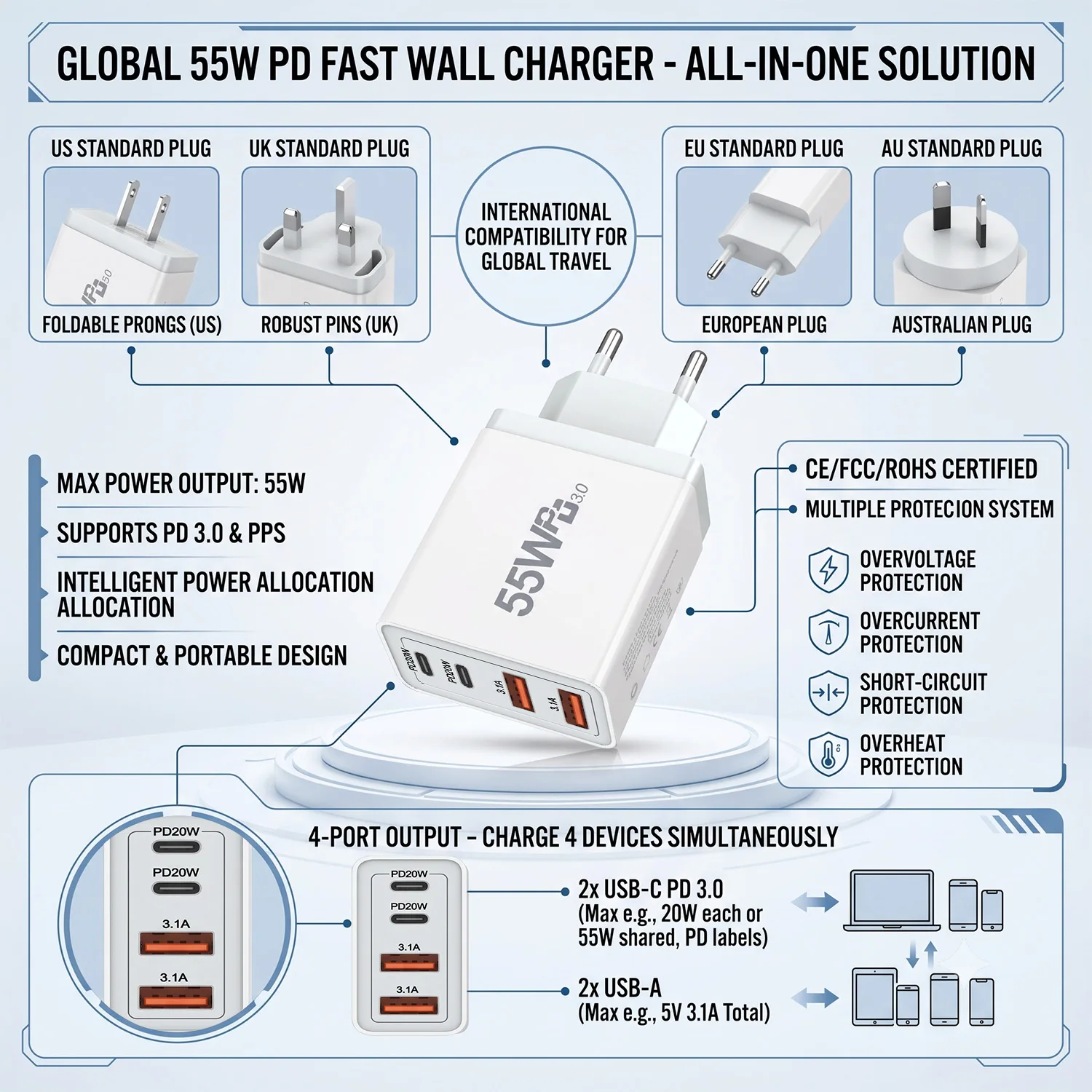 55W 4-Ports USB Type-C Charger Fast Charging Data Cable USB Phone Charger Adapter For Xiaomi IPhone17 16 15 Huawei Wall Charger