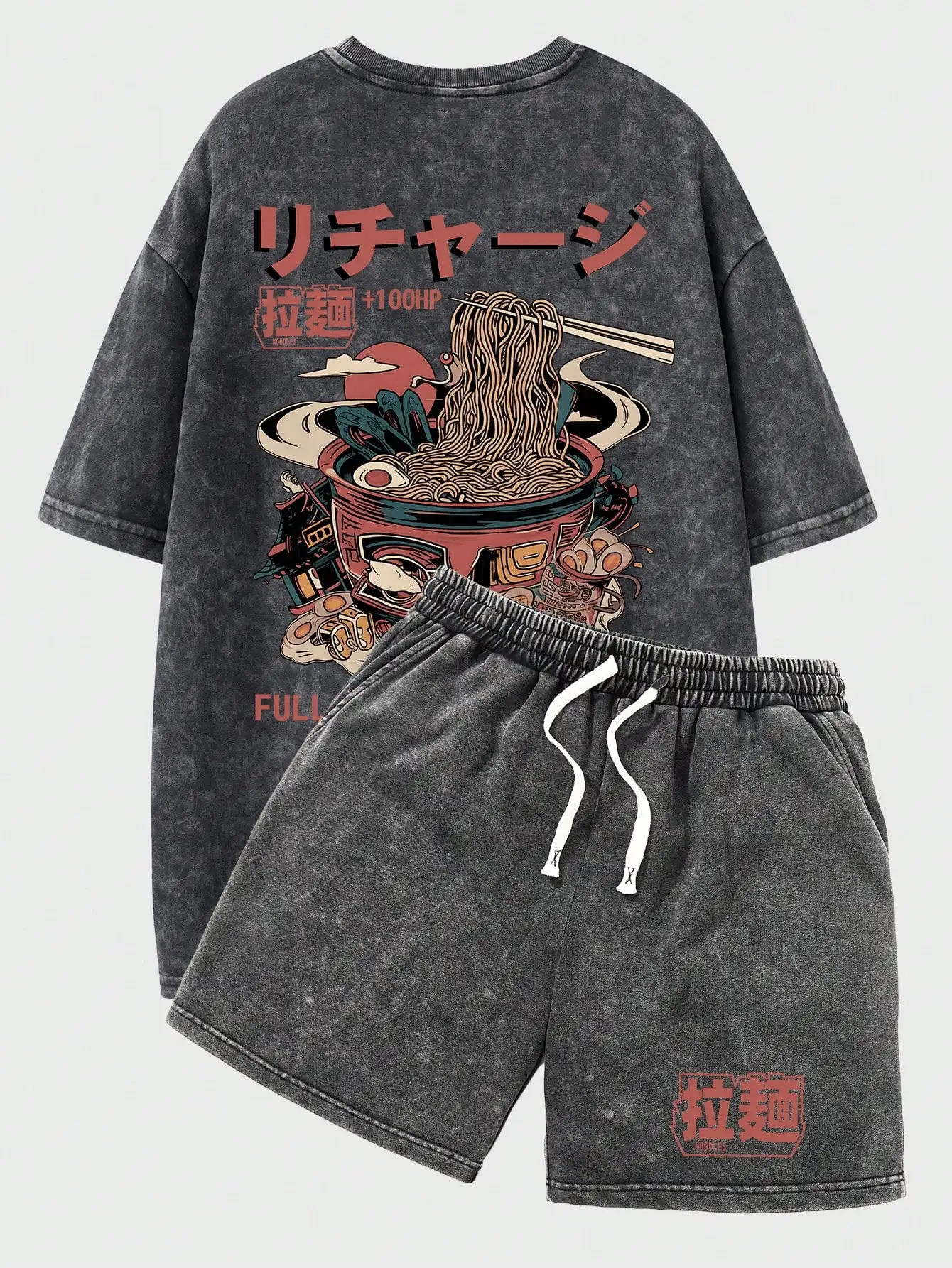 

2pcs Men's Washed Black Ramen Graphic Tee & Drawstring Shorts Set, Casual Streetwear for Spring Summer