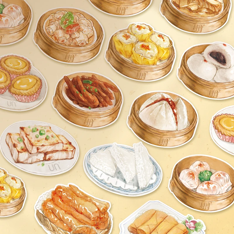 بطاقة بريدية فنية كبيرة الحجم على طراز هونج كونج مع طوابع أصلية، رسوم توضيحية للطعام بالألوان المائية