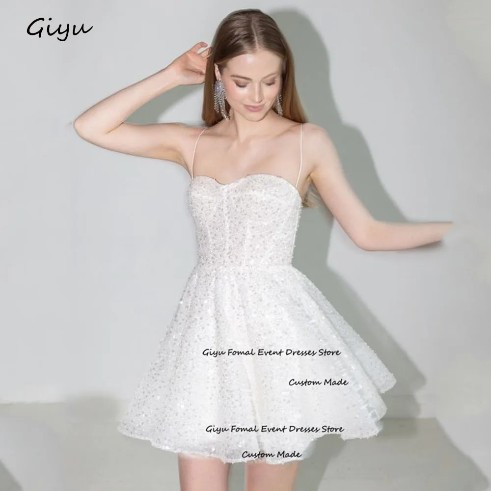 

Giyu Fairy Beading Mini Wedding Dress 2024 A-Line Spaghetti Strap Short-length Above The Knee Birthday Party Dress Prom Dress