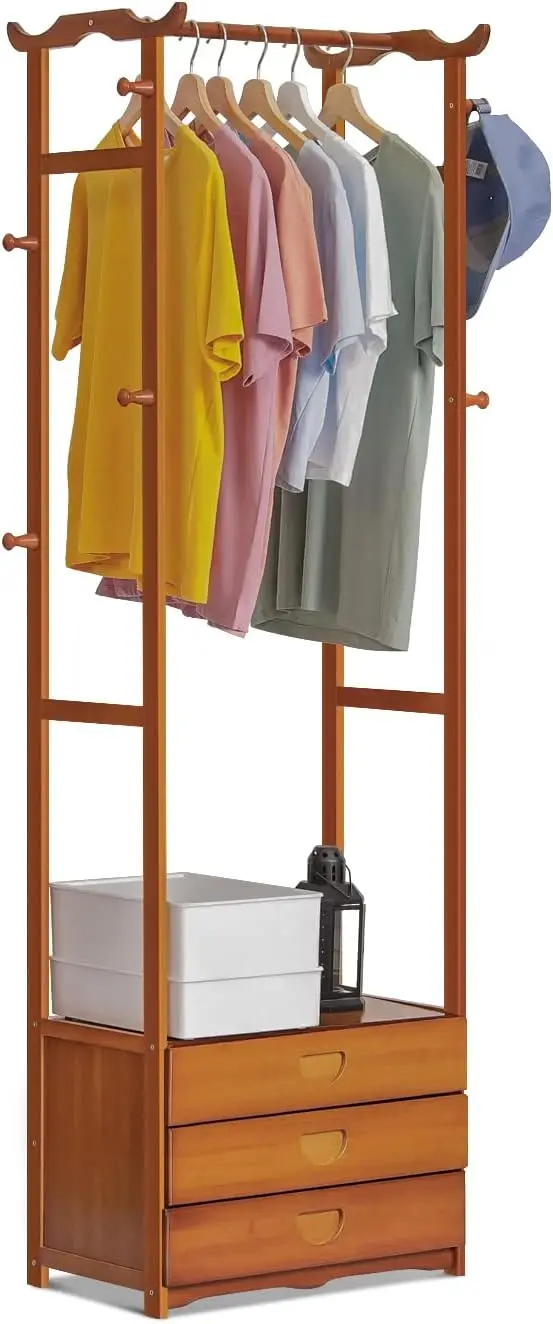 

Bamboo Garment Ra With 3 Drawers And 8 Hooks, Clothes Ras Storage Shelving Organizer Unit For Bedroom Laundry Room Guest Room,