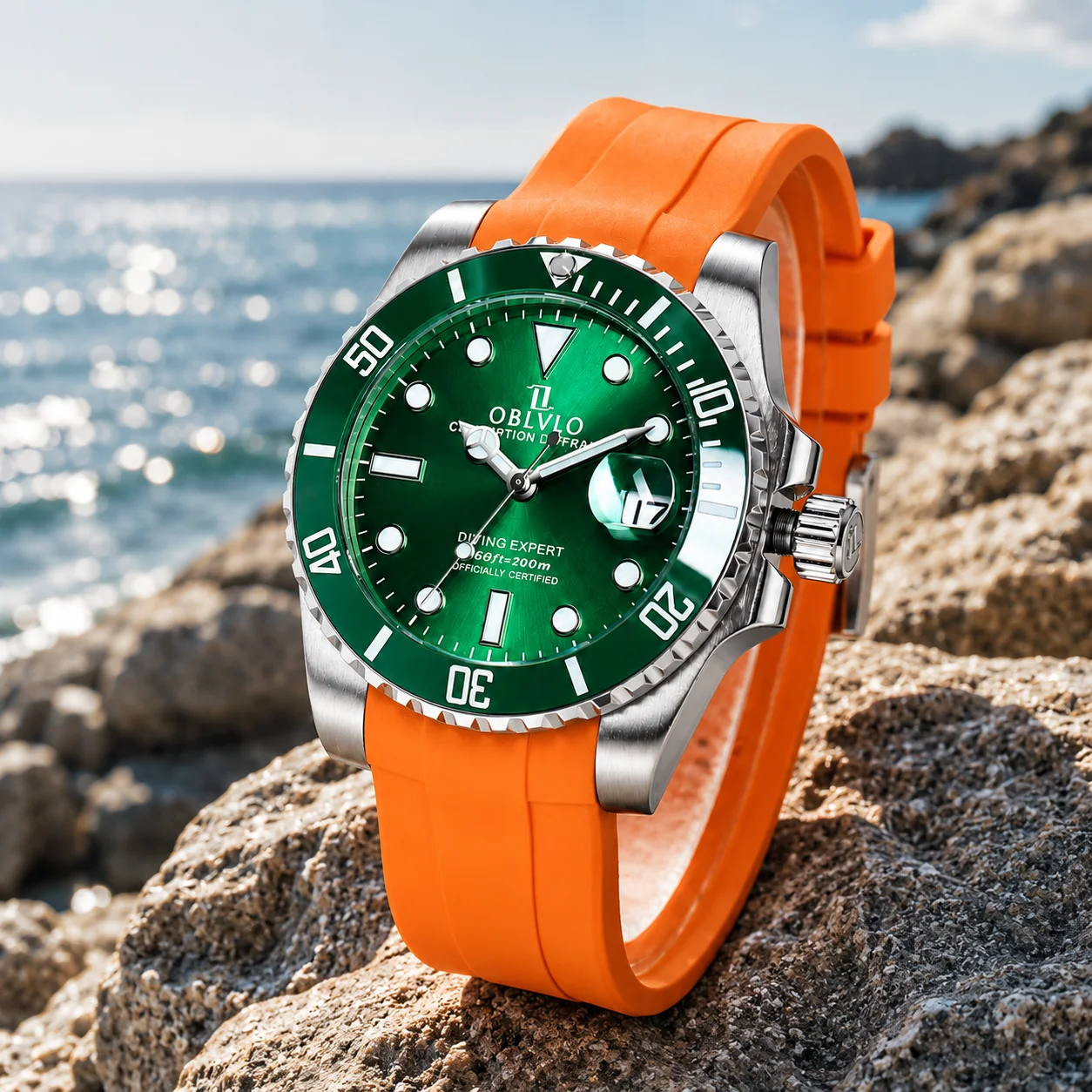 OBLVLO Men's Green Dial Automatic Mechanical Watch Luxury Rotated Bezel Synthetic Sapphire Glass Orange Rubber Band Sport DM-SIM