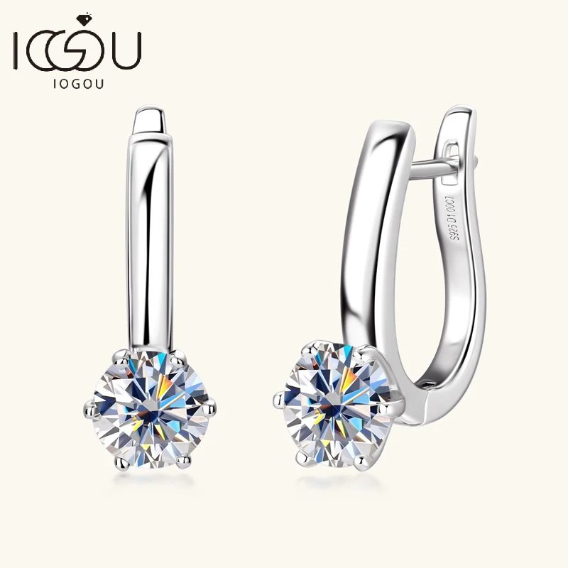 

IOGOU Moissanite Hoops Earrings 100% Real 925 Sterling Silver 6.5mm D Color Single Stone Six Claw U-shaped Earrings for Women