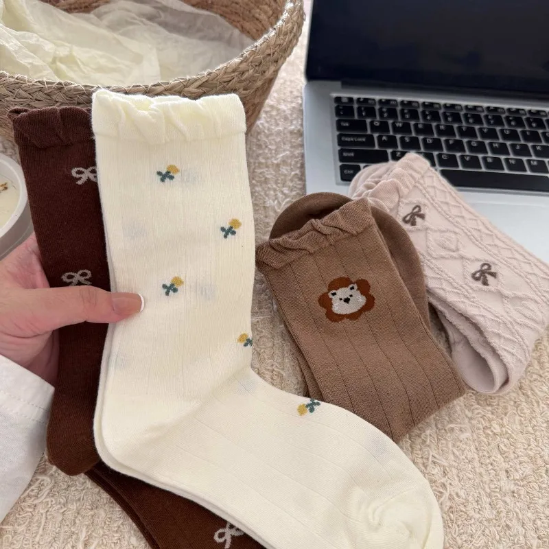 

5 пар милых высоких носков до середины икры для женщин, носки до щиколотки с рисунком медведя, школьные женские хлопковые носки, комплект чулочно-носочных изделий, оптовая продажа