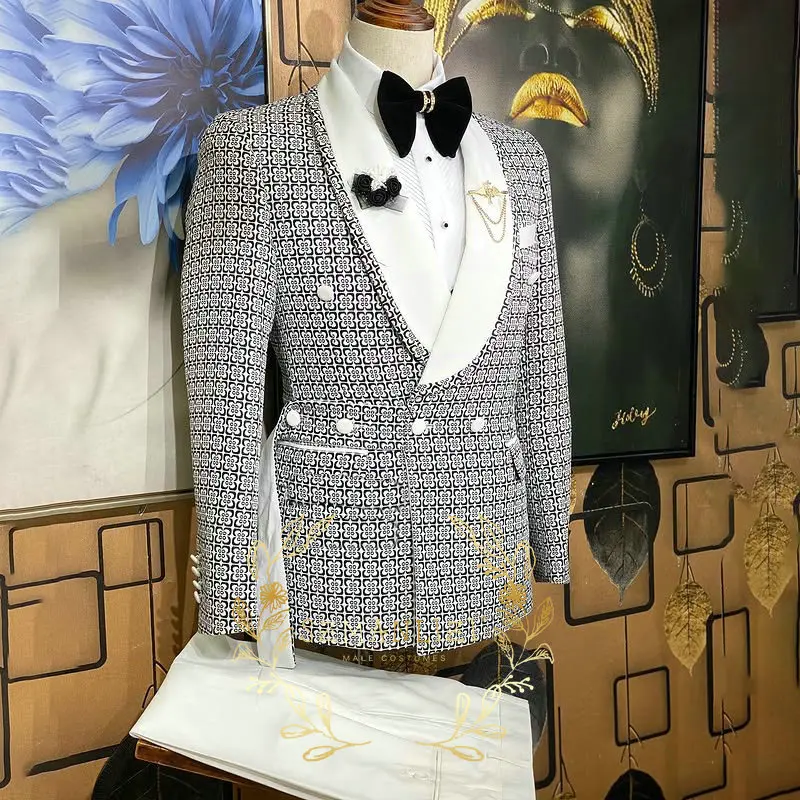 

Plaid Men's Suits Double Breasted Shawl Lapel Blazer Fashion Formal Wedding Party Suit 2 Piece Jacket Pants Costume Homme