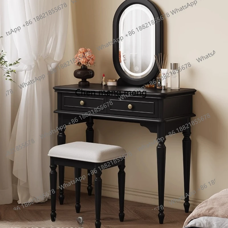 

French Retro Dressing Table Black American Style Bedroom Multifunctional Mirror with Light Small Makeup Table
