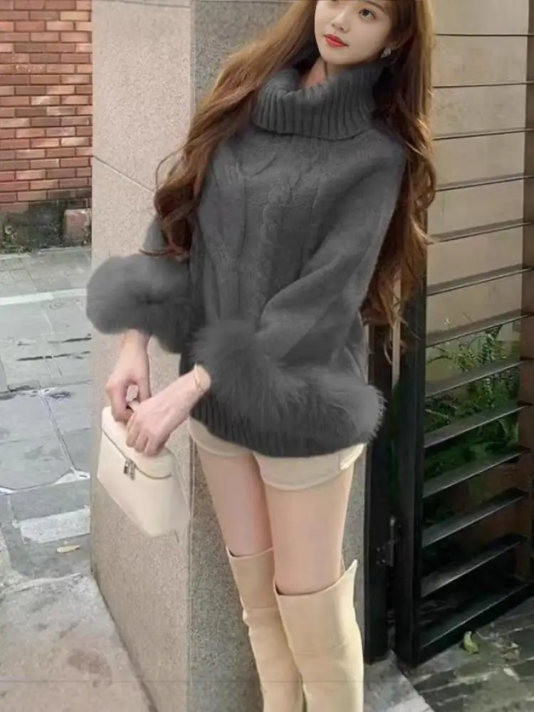 

Осень-зима 2025 г., женский бежевый, серый элегантный теплый свитер с высоким воротником и длинными рукавами, модный короткий пуловер цвета хаки, вязаный топ