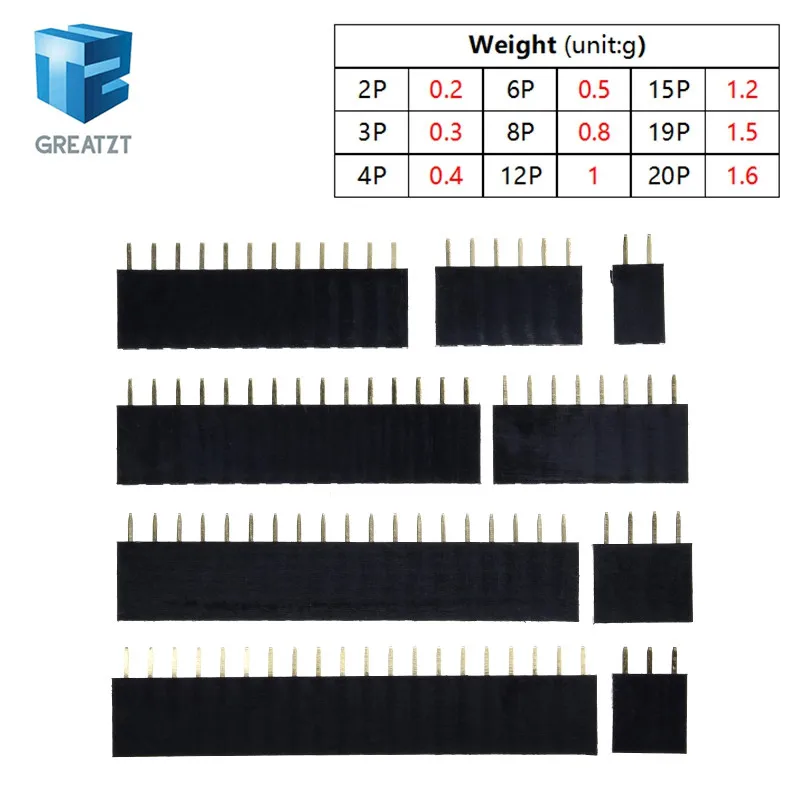 GREATZT 10PCS Single Row Pin Female Header Socket Pitch 2.54mm 1*2P 3P 4P 6P 8P 12P 15P 20P 40P Pin Connector For module