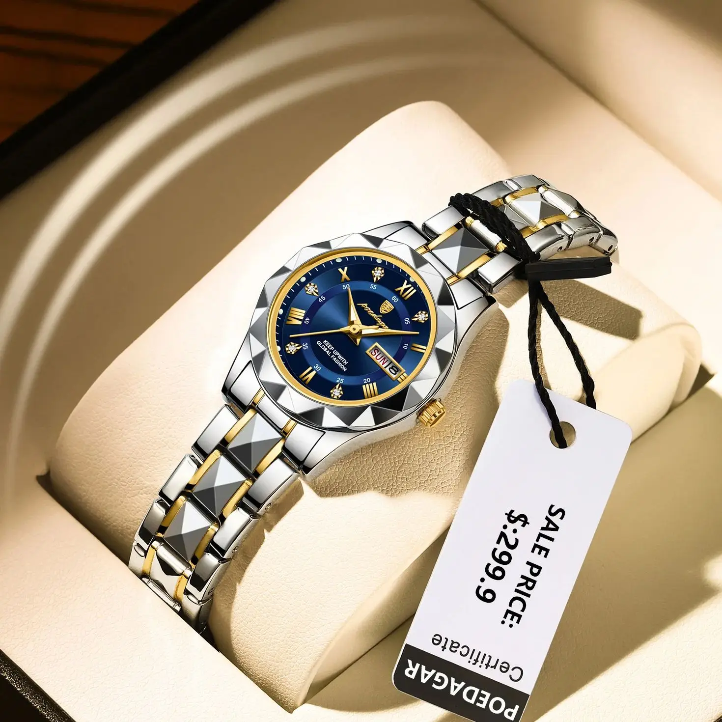 POEDAGAR ساعات كوارتز نسائية فاخرة مضيئة مقاومة للماء من الفولاذ المقاوم للصدأ ساعة نسائية لتاريخ الأسبوع ساعة يد كاجوال عصرية للسيدات