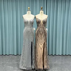 YQLNNE 2025 Fashion Slit Long Evening Dresses Mermaid Straps Tulle Beading Sequined Formal Women Party Gown