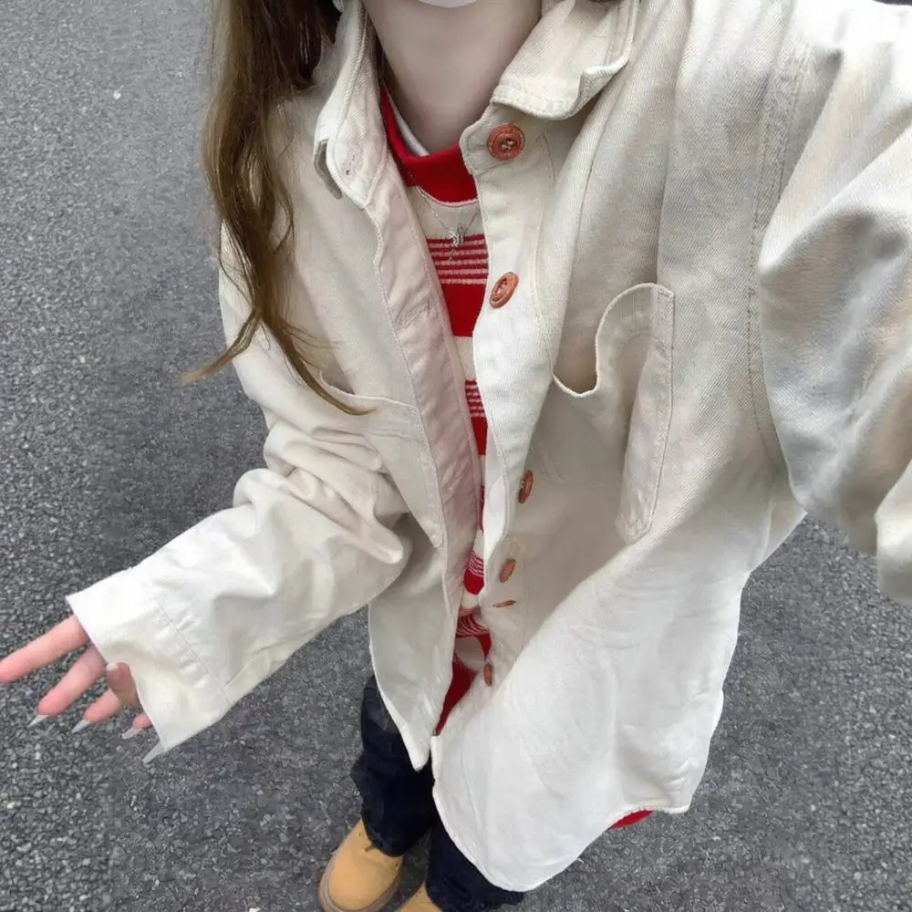 Casual Cotton Shirt Women Retro Loose Long Sleeve Cardigan Korean Fashion Spring Autumn Basic Outwear Comfortable Top