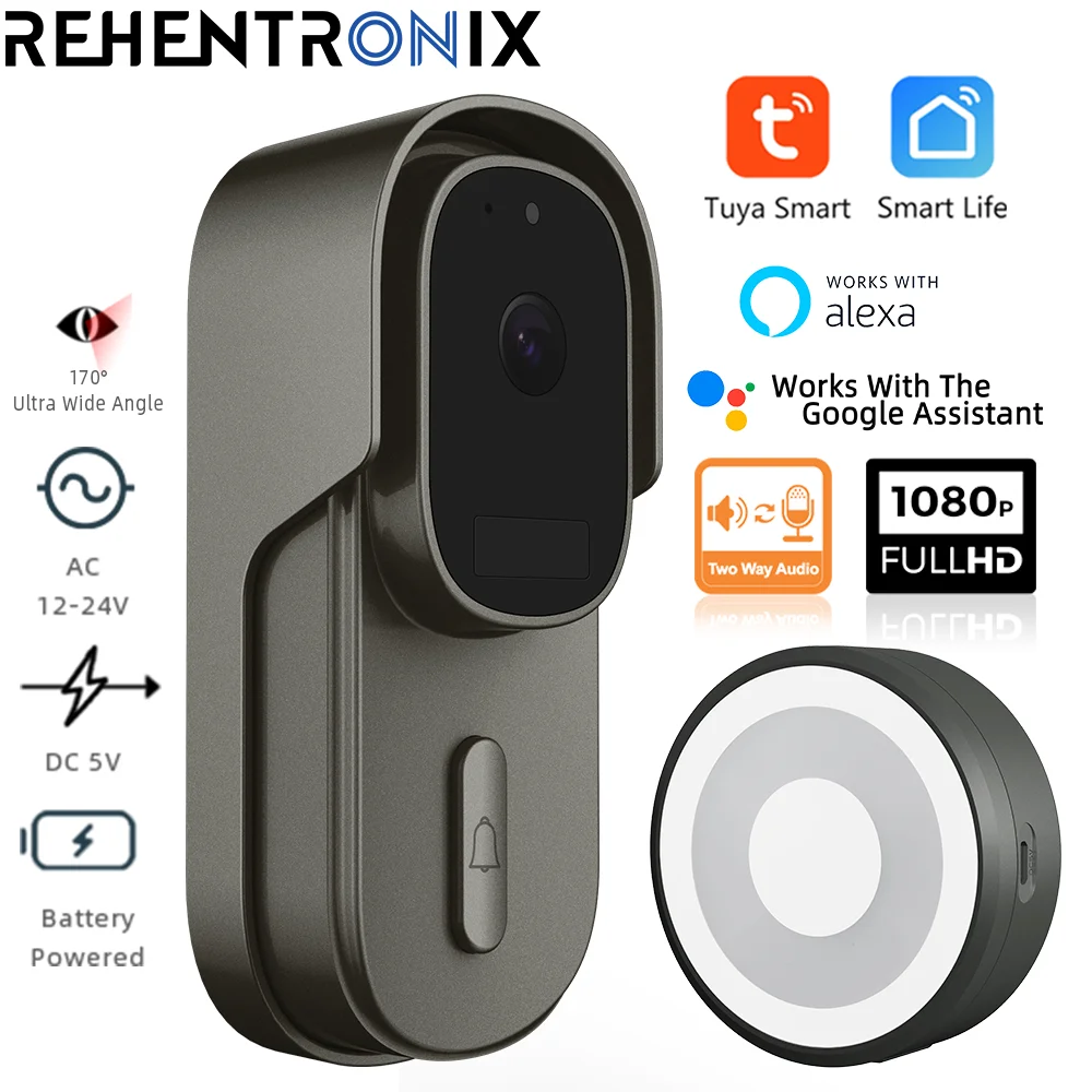 

Tuya Video Doorbell WiFi Wireless Wired Door Bell DC AC Battery Powered 1080P 2MP Waterproof with Alexa Google Door bell Camera