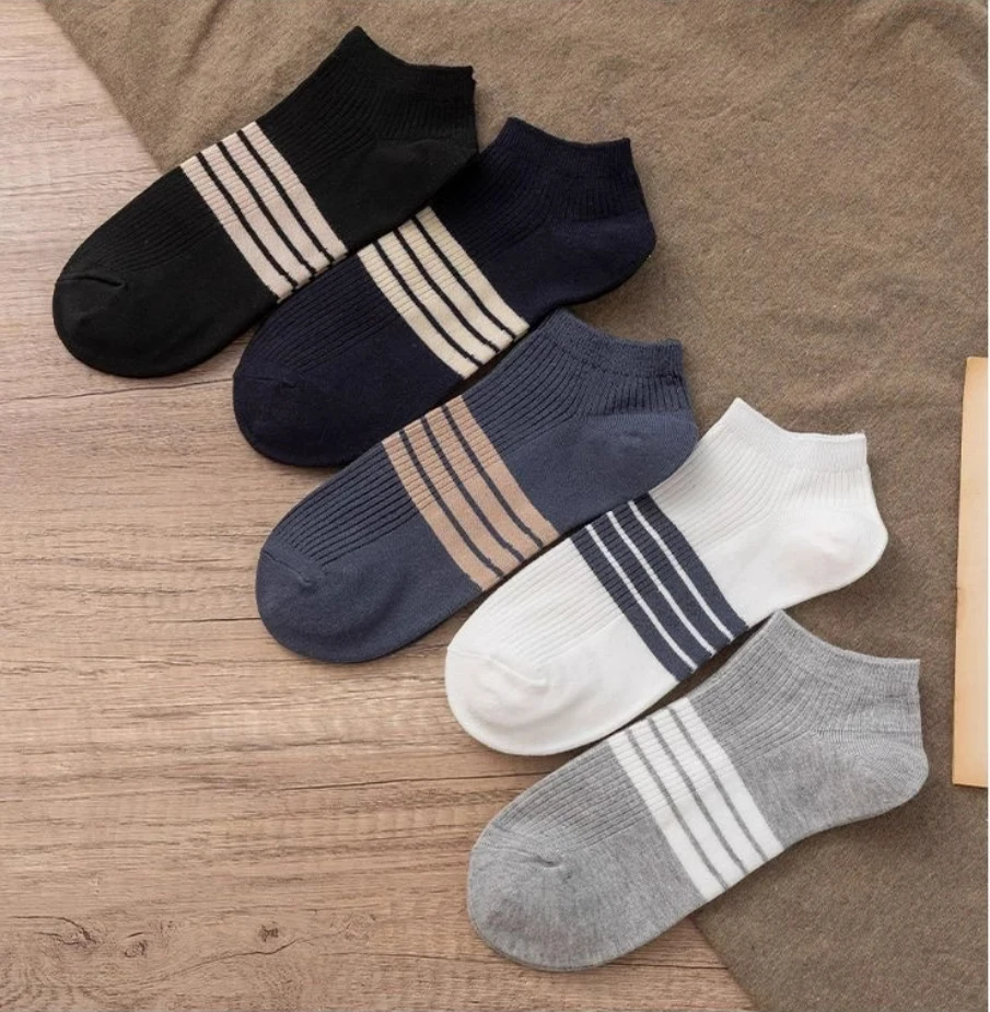 5 Pairs of Socks, MEN\'S Solid Color, Spring and Summer Boat Socks, Sweat Absorbing, Breathable, Thin, Anti Slip Sports Stripes