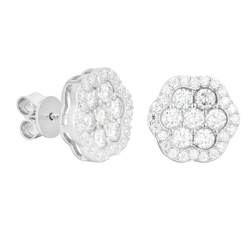 1Pair S925 Sterling Silver Hip Hop Moissanite Paved Bling Ice Out Flower Pattern Stud Earrings for Men Rapper Jewelry