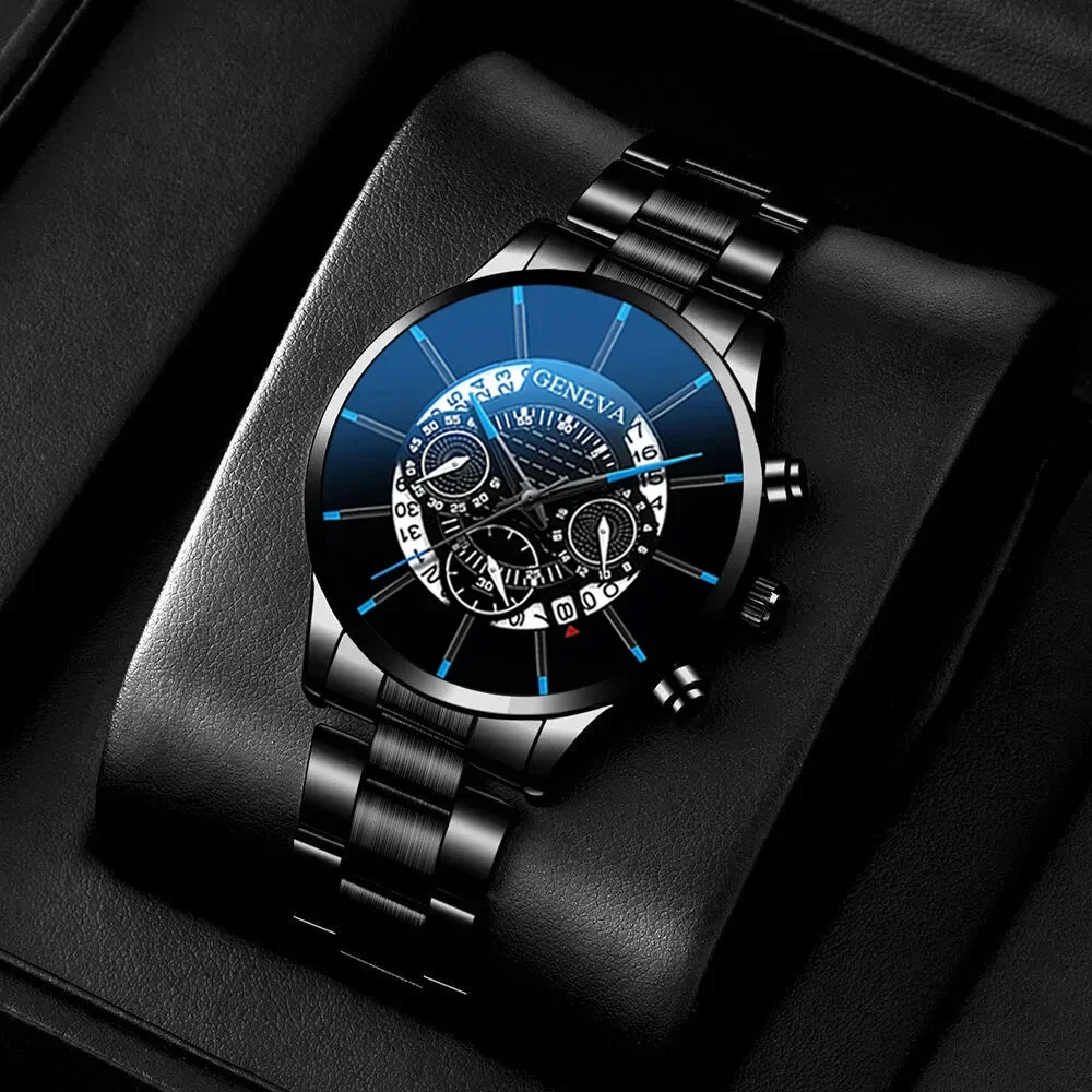 2PCS Fashion Classic Mens Black Watches Set Men Business Stainless Steel Quartz Watch Male Calendar Wristwatch Leather Bracelet