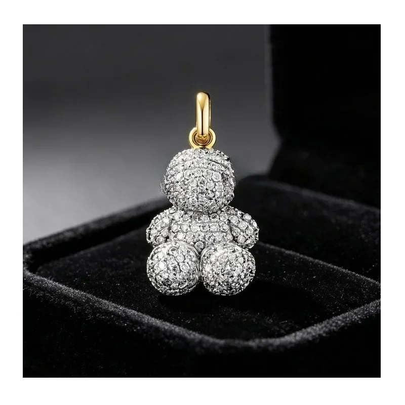 Two Tone Gold Bail Silver 3D Sitting Teddy Bear Charm Full Micro Pave Clear Zircon Sparkly Pendant For Bracelet Necklace Jewelry Gift