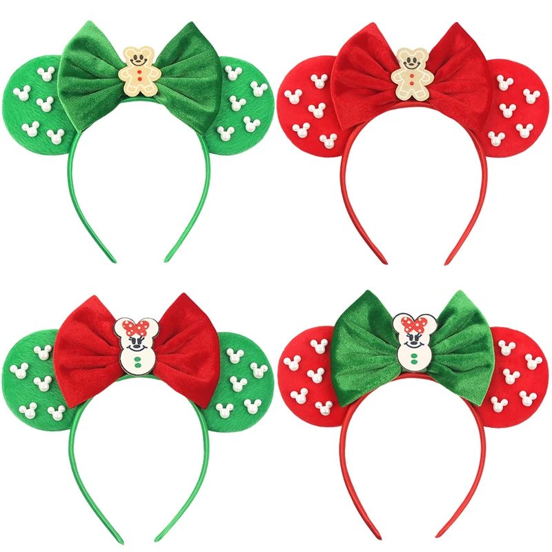 

Disney Mickey Mouse Christmas Ear Headbands for Kids Girls Reindeer Ear Hairbands Adults Women Pearl Plush Bows Hair Accessories