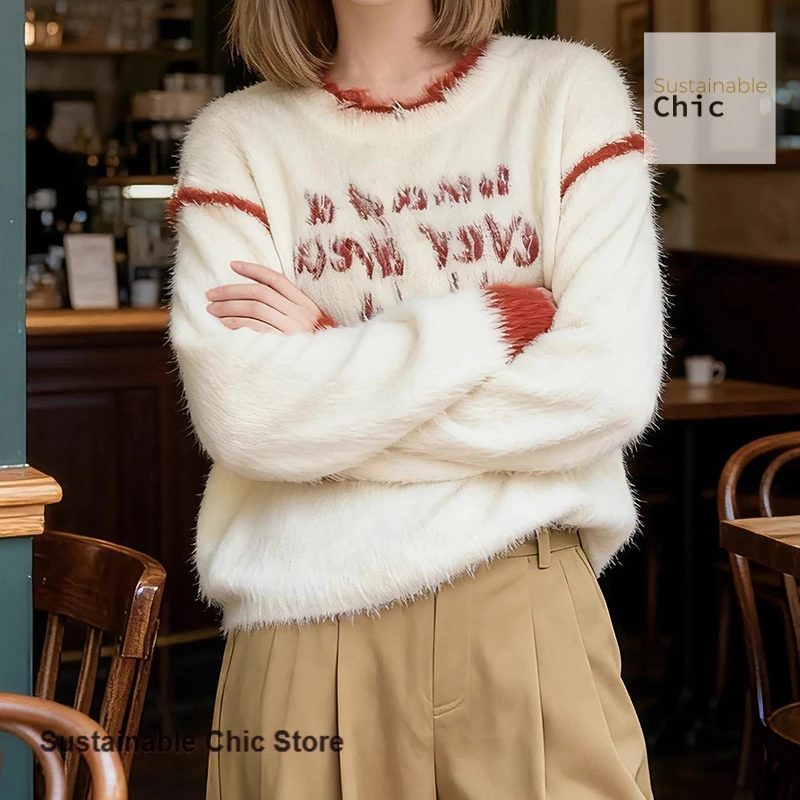 

American letter contrast mohair sweater women's autumn and winter new fashion thick lazy soft waxy loose retro casual sweater.