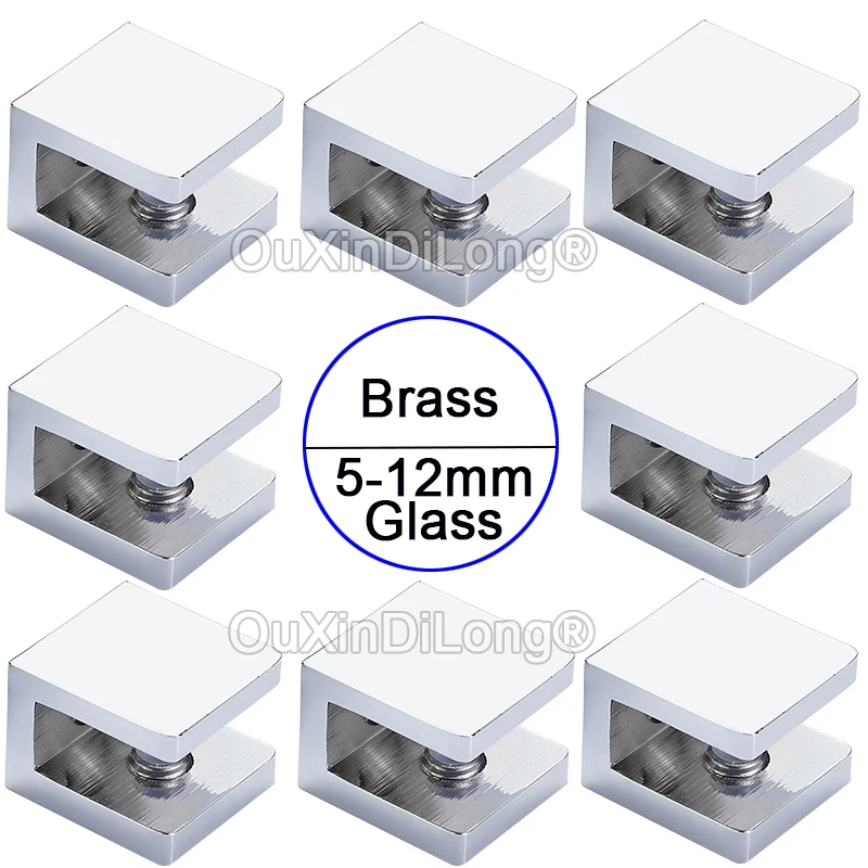 8PCS Chrome Brass Glass Clamps Bathroom Fixed Shelf Clips Holder Brackets Support U-Clamps No Drilling For 5-12mm