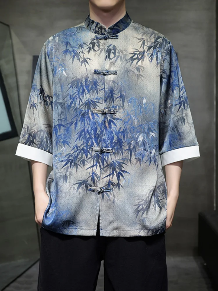 

New Chinese Style Tang Suit Men's Summer Thin Ice Silk Short Sleeve Shirt Vintage Button Hanfu Stand Collar Zhongshan Suit