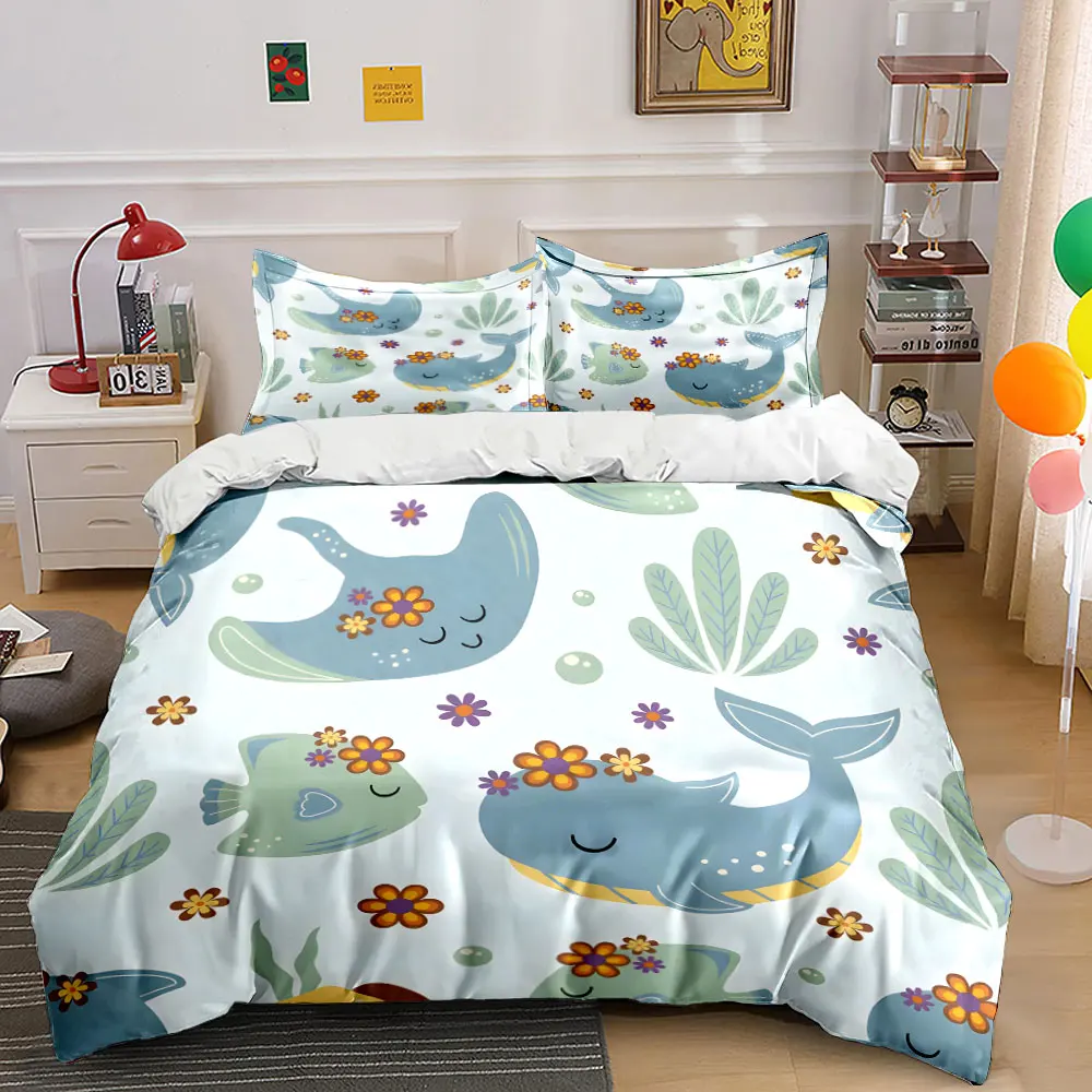 Cute Ocean Animals Floral Pattern Print Soft Comfortable Duvet Cover Bedding Set Included 1*Duvet Cover  2*Pillowcases