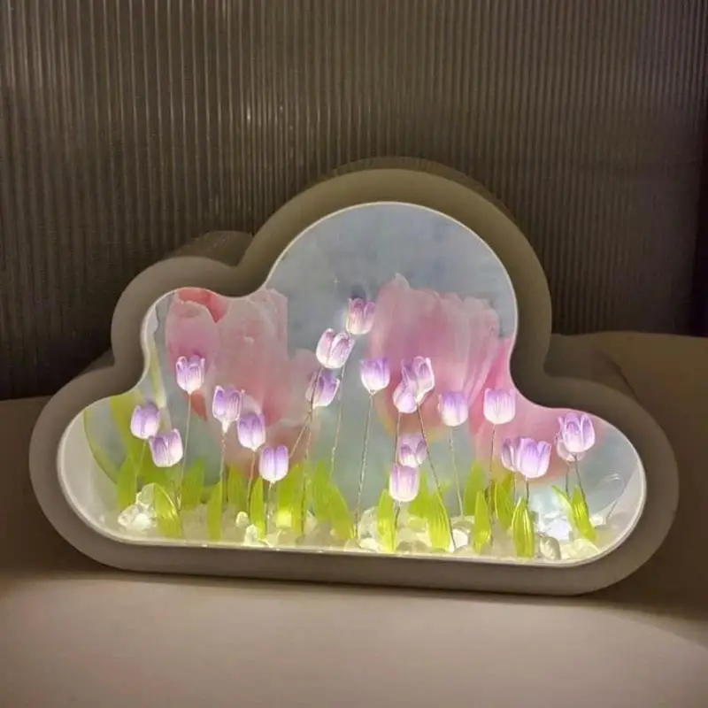 Tulip Night Light, Cloud Tulip Mirror Night Light, Simulation Flower Bedroom Sleeping Table Lamp, Home Mirror Decoration