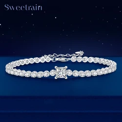 Sweetrain Real Moissanite Tennis Bracelet for Women 925 Sterling Silver Princess Cut Diamond Bracelets Wedding Fine Jewelry GRA