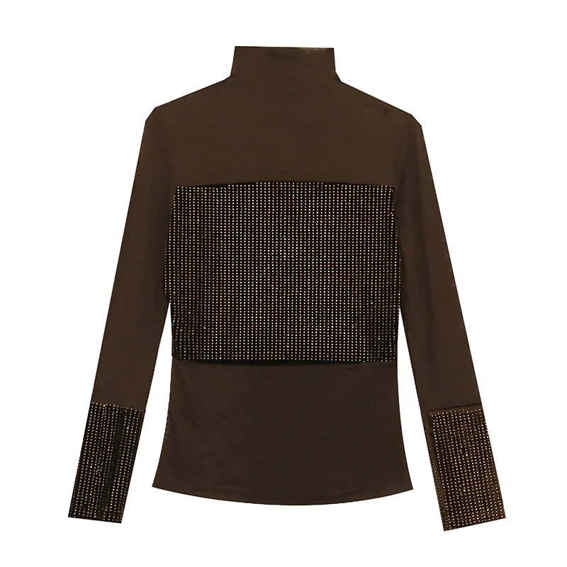 New,European,Clothes,T-Shirt,Chic,Sexy,Turtleneck,Shiny,Diamonds,Patchwork,Mesh,Women,Tops,Long Sleeve,Drilling,Hot,Tees,510023