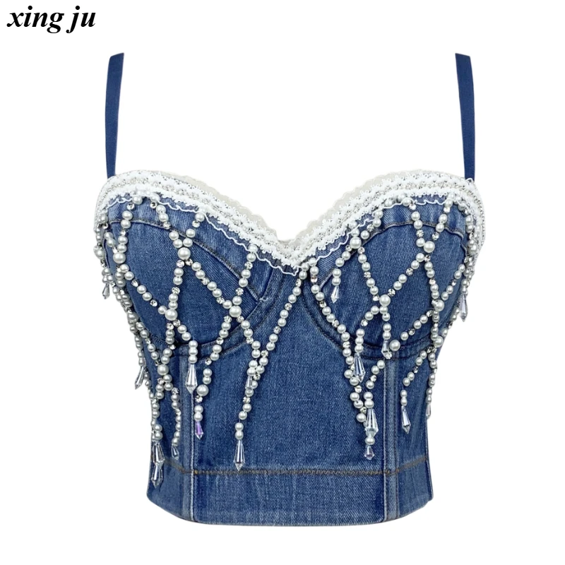 싱주 파티 핫걸 블루 데님 백리스 크롭탑 여성 재즈 댄스 의상 나이트클럽 DJ 섹시 레이스 비즈 체인 베스트 무대 의상