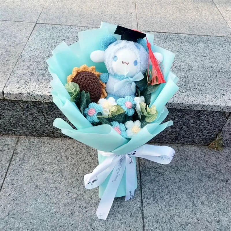 Buquê de formatura kuromi olá kitty cinnamoroll minha melodia boneca de pelúcia brinquedo com girassol de lã presentes de natal do dia dos namorados