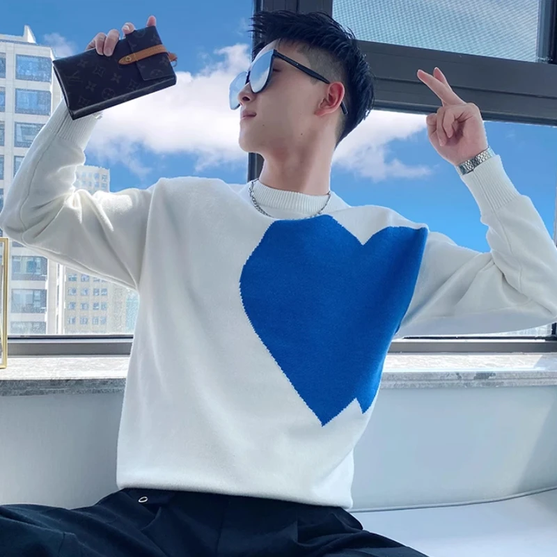 

Мужской вязаный свитер с круглым вырезом, зимний повседневный свитер с узором в виде сердечек, базовый слой, новинка 2023 года, осенне-зимний свободный топ