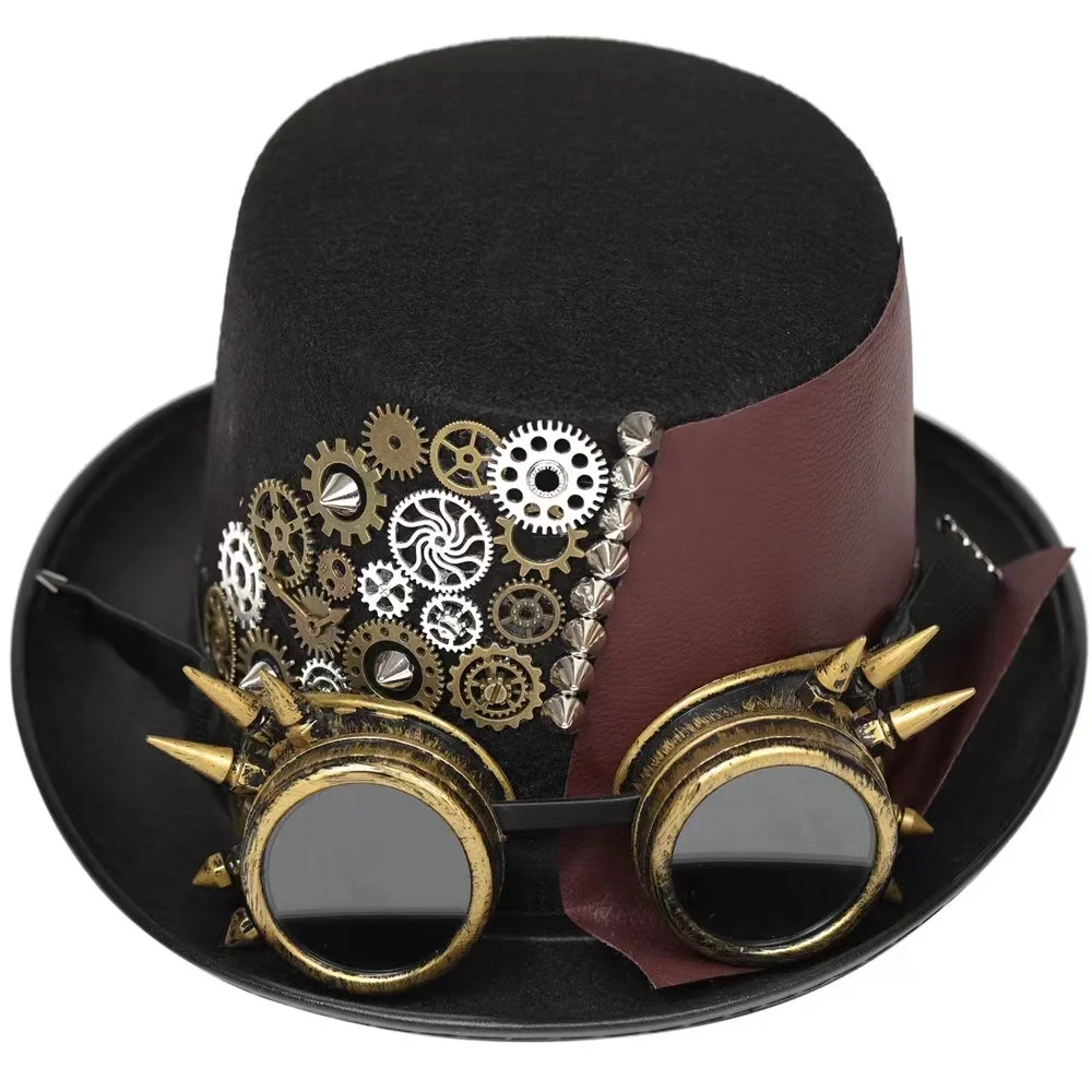 Steampunk Top Hat with Goggles Gothic Gear Hat Halloween Cosplay Party Carnival Full Head for Adults Ball Attire Mask