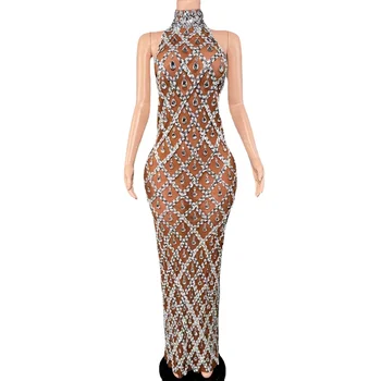 Vestido longo sem mangas com strass brilhantes, elegante, malha escura, comemoração à noite, casamento, baile, aniversário, fotografia
