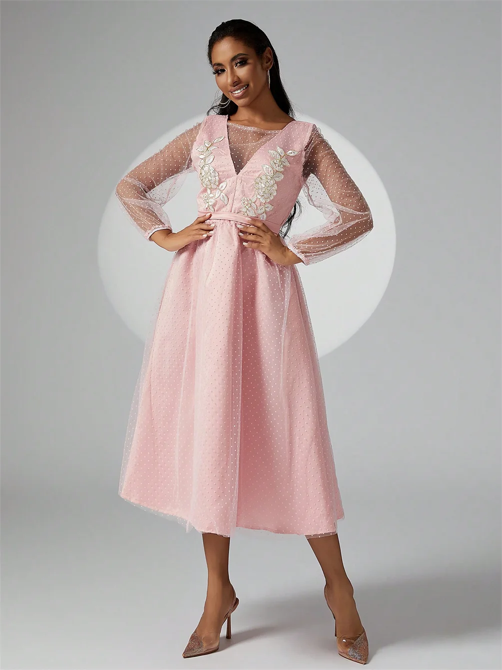 

Elegant Women's Evening Dress Gentle Pink Women's Dress Feminine tulle Long Sleeve Luxury Dress Dress Festival dress