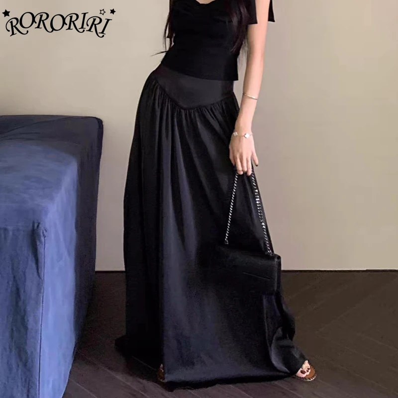 

RORORIRI Casual Plain Black Pleated Maxi Skirt Women Low Waist Cleanfit Loose Draped A-line Long Skirt Korean Summer Clothes