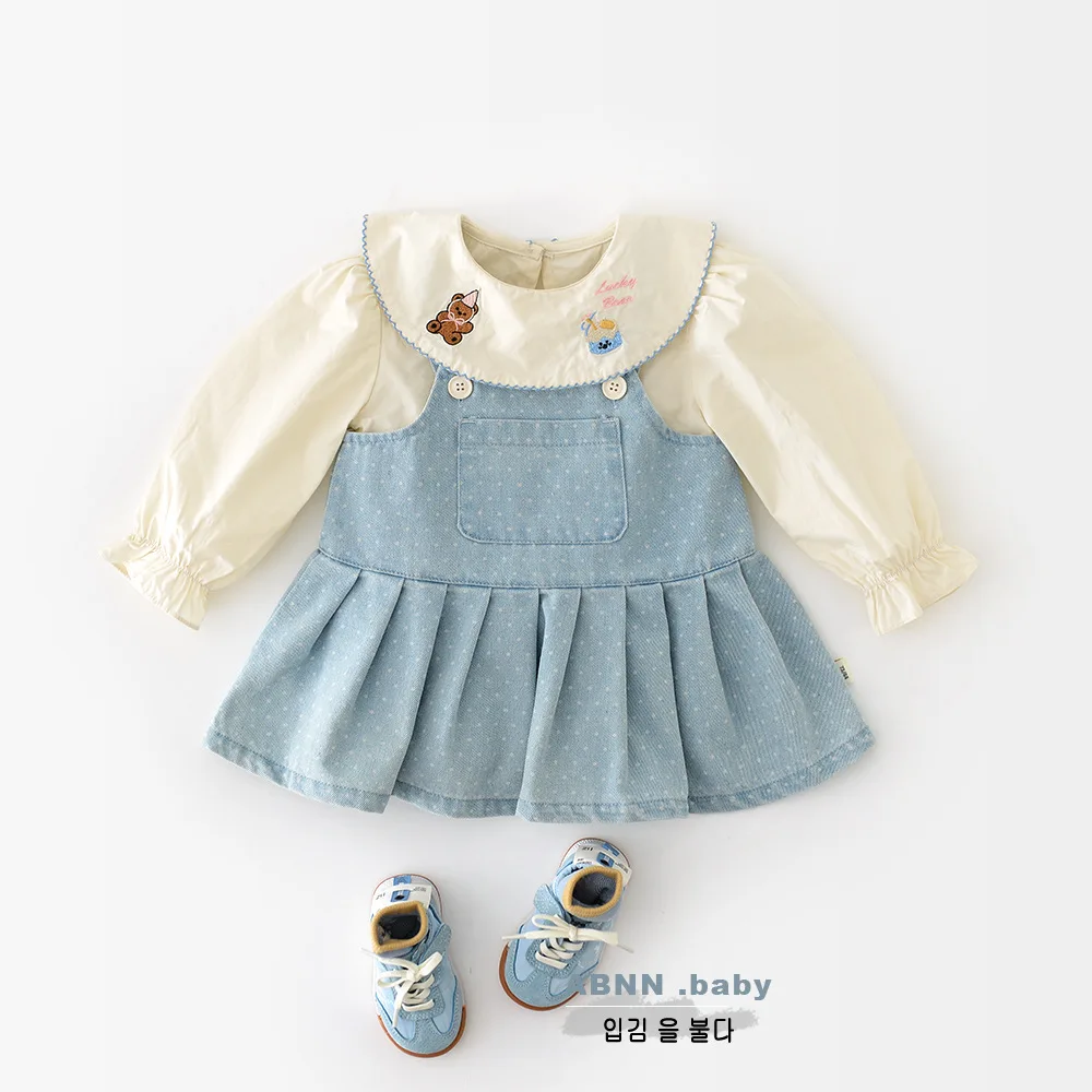 

Autumn Children's Two-piece Set Peter Pan Collar Long-sleeved Newborn Girl Top Polka Dot Sleeveless Toddler Girls Overalls Dress