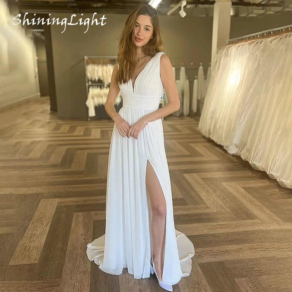 

ShiningLight Summer Simple Boho Wedding Gown V Neck Thigh Slit Pleats Sexy Chiffon A Line Wedding Dress for Brides Customized