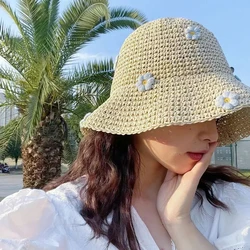 Summer Bucket Hat Women 3D Floral Sunscreen Straw Crochet Straw Hat Outdoor Foldable Sun Cap Ladies Vacation Seaside Beach Hats