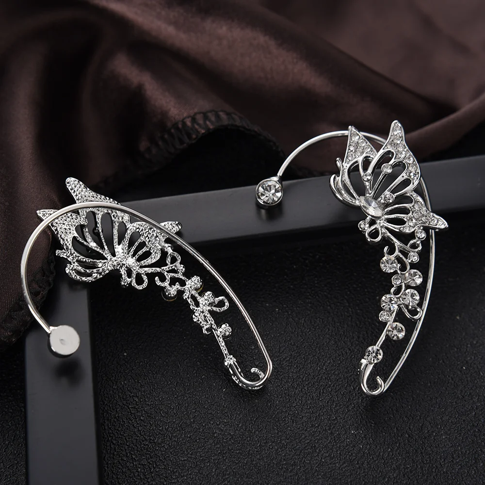 Vintage Elf Butterfly Wings Ear Cuffs Crystal Earring For Women Creative Cos Elf Fairy Earrings Goth Punk Accessories Girls Gift