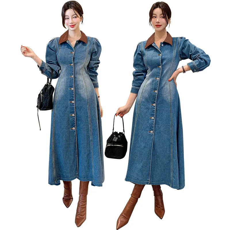 Fashionable Denim Dress Elegant Spliced ​​Leather Lapel Neck Buttoned Long-sleeved High Waist Women Dresses Real Picture