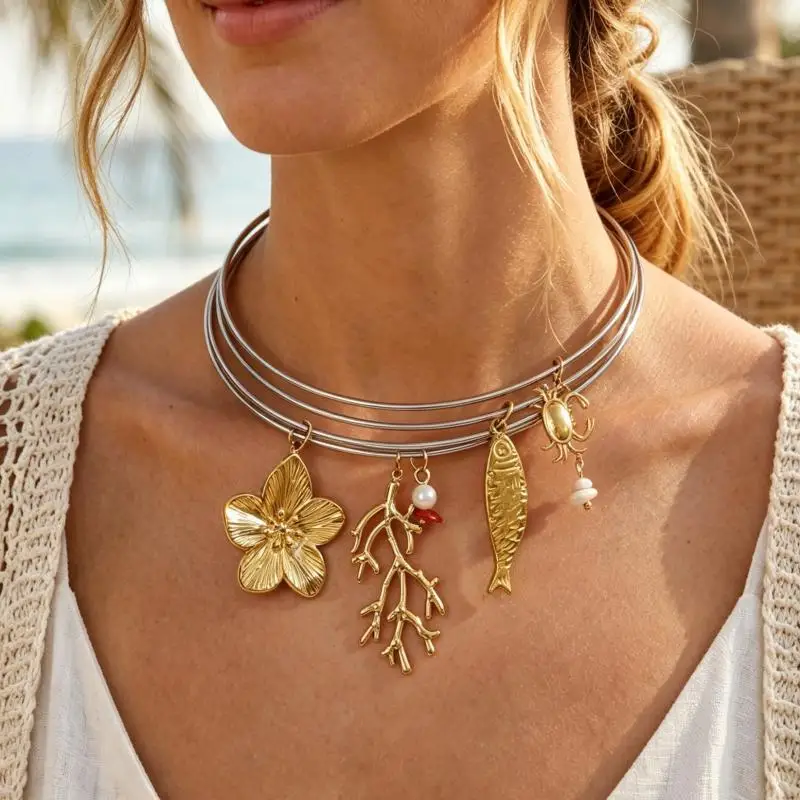 Silver and Gold Two-Tone Coral Floral Pendant Choker