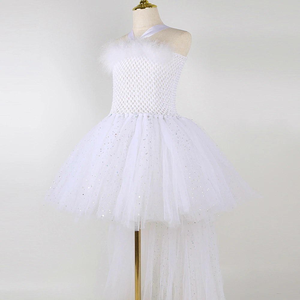 Sparkling White Angel Costumes for Girls Halloween Christmas High Low Tutu Dress with Wings Set Kids New Year Carnival Outfits